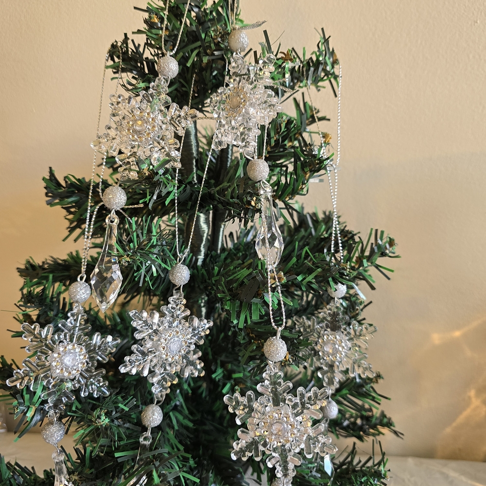 Silver Snowflake Holiday Ornaments 6 New Handmade 5 Inch Acrylic